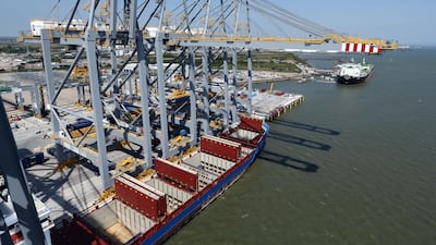 LONDON 8th July 2013. Container cranes being tested at the London Gateway port under construction in the Thames Estuary near London, Monday 8th July 2013. Stephen Lock for The National FOR BUSINESS