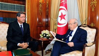 Tunisian president Beji Caid Essebsi meets the new Tunisian prime minister designate, Habib Essid, at the presidential palace in Carthage on January 23. EPA