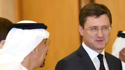 Khalid Al Falih, the Saudi energy minister, with Alexander Novak, his Russian counterpart, in Riyadh on Sunday. Fayez Nureldine / AFP