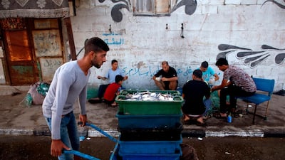 Palestinian fishermen sort out their crabs from on the shore of the Mediterranean Sea in Gaza City. AFP