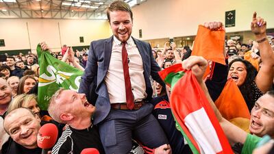 Sinn Fein's Donnchadh Ó Laoghaire celebrates being the first TD elected to the 33rd Dáil, topping the poll ahead of Micheál Martin, Simon Coveney and Michael McGrath at Nemo Rangers GAA Club on February 9, 2020 in Cork, Ireland. Getty Images