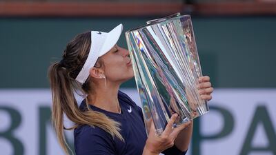 Paula Badosa, of Spain, kisses the trophy. AP Photo