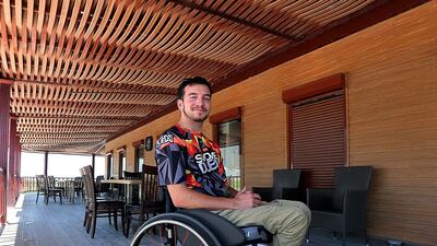 Jarrett Martin, the paralysed US skydiver, who works at Skydive Dubai who will be taking part in the run on May 8 to raise funds for the Wings for Life a non profit Spinal Cord Research Foundation pose during the interview in Dubai . Satish Kumar / The National