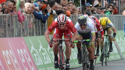 German rider Andre Greipel of Lotto Soudal team crosses the finish line to win the 12th stage of the Giro d’Italia 2016 from Noale to Bibione. Luca Zennaro / EPA