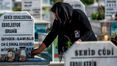 A Syrian Kurdish woman places a candle on a grave at a cemetery in Qamishli in the north-eastern Hasakeh province on November 7, 2019. AFP