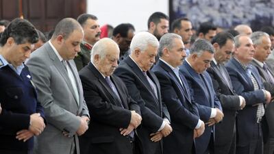 Mahmoud Abbas performs the Friday prayer at a mosque in Ramallah. Thaer Ghanaim / AFP / March 7, 2014