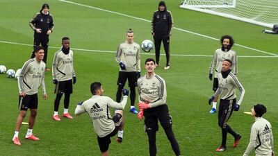 Real Madrid players during a training session at Valdebebas Sport Complex in Madrid. EPA
