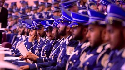 Cadets from the Abu Dhabi Police College attend the International Conference on Security Challenges at Armed Forces Officers club in Abu Dhabi on March 30, 2014. Ravindranath K / The National