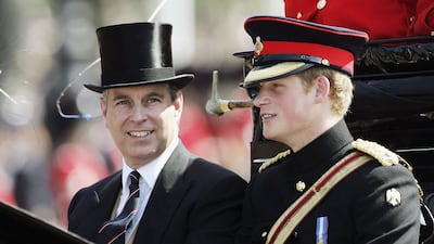 Prince Andrew and his nephew, Prince Harry, leave Buckingham Palace by carriage for the annual Trooping of the Colour ceremony at Horse Guards Parade, central London, in 2006