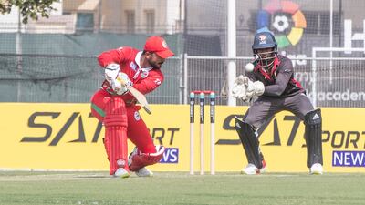 Oman player Ayaan Khan (30) batting during the Cricket World Cup League 2 match at the ICC Academy in Dubai. All photos Ruel Pableo for The National