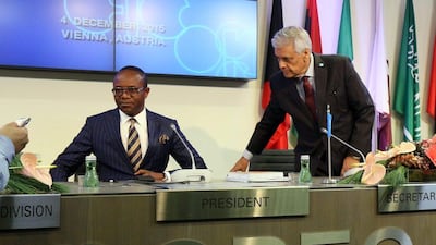 Nigeria's minister of state for Petroleum Resources and president of the Opec Conference Emmanuel Ibe Kachikwu, left, and Opec's secretary general Abdalla Salem El-Badri of Libya attend a news conference after a meeting of Opec at their headquarters in Vienna on Friday. Ronald Zak / AP Photo