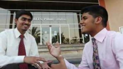 Engineering students Rohit Ratnaparkhi, left, and Saurabh Ladha outside the Birla Institute of Technology and Science in Dubai.