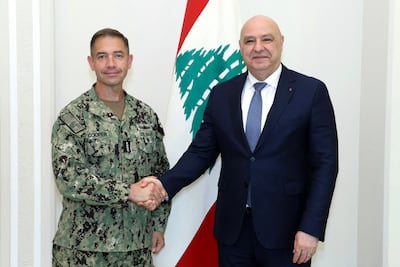 Lebanese President Joseph Aoun, right, with US Centcom chief Admiral Brad Cooper at the presidential palace in Baabda. AFP