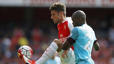 Arsenal forward Olivier Giroud shown in action during his side's Premier League opening loss to West Ham United last Sunday. Adrian Dennis / AFP / August 9, 2015
