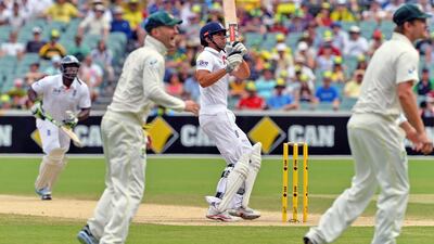 Alastair Cook, centre, and England are trying to find where they went wrong after Australia won the second Ashes Test on Monday by another massive margin. Saeed Khan / AFP