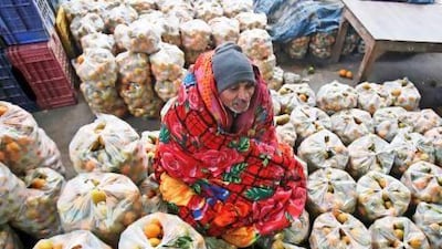A vendor wrapped in a quilt sits on his bags of oranges as he waits for customers at a wholesale market in the northern Indian city of Chandigarh.