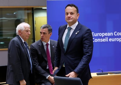 Irish Prime Minister Leo Varadkar, right, EU foreign affairs chief Josep Borrell, left, and Spanish Prime Minister Pedro Sanchez attend a European Council summit in Brussels on Thursday. EPA