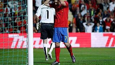 David Villa shows his disappointment after missing a chance against Lithuania on Friday night that would have seen him overtake Raul’s record of 44 international goals for Spain.