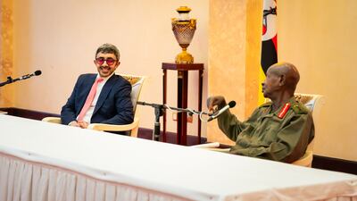 Sheikh Abdullah bin Zayed, Deputy Prime Minister and Minister of Foreign Affairs, with Ugandan President Yoweri Museveni in Entebbe. Wam