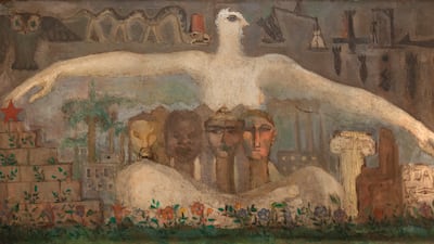 The World of Peace and War (1952), oil on Celotex wood, by Egyptian artist Gamal El Sagini (1917–1977). Photo: Barjeel Art Foundation, Sharjah