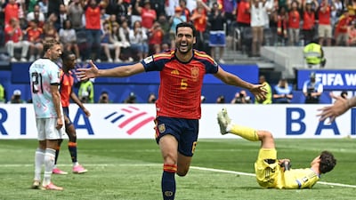 Mikel Merino celebrates scoring his team's second goal against Belgium in Inglewood. AFP