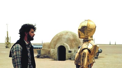 George Lucas, Star Wars creator, with Anthony Daniels (C-3PO) on the set of Star Wars: Episode IV – A New Hope (1977). The storytelling prowess of Lucas, who described his film as an ‘original compilation’, is chronicled in Hit Makers. Sunset Boulevard / Corbis via Getty Images