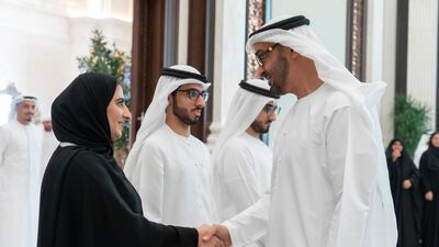 Sheikh Mohamed bin Zayed, Crown Prince of Abu Dhabi and Deputy Supreme Commander of the UAE Armed Forces, greets the outstanding pupils of the year and their parents at Al Bateen Palace. Rashed Al Mansoori / Ministry of Presidential Affairs