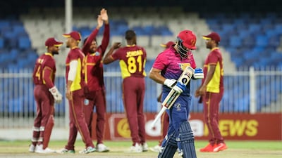 UAE captain Muhammad Waseem walks after being dismissed during the second one-day international against West Indies at the Sharjah Cricket Stadium on June 6, 2023. AFP