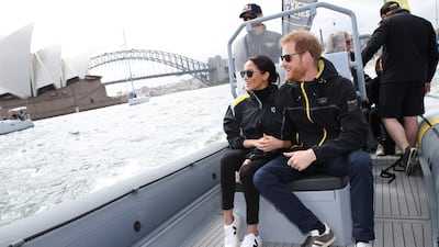 Prince Harry and Meghan, Duchess of Sussex sail across Sydney harbour at Sydney Olympic Park in October 2018. WireImage
