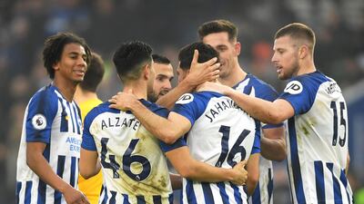 Alireza Jahanbakhsh of Brighton & Hove Albion celebrates after scoring against Chelsea at the American Express Community Stadium on Wednesday. Getty Images