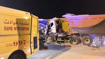 Two Asian lorry drivers had to be cut from their vehicles after a collision in Al Raafah in Umm Al Quwain on Monday. Courtesy UAQ Civil Defence