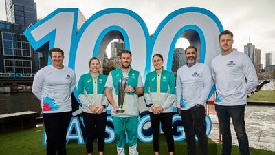 Shane Watson, Georgia Wareham, Aaron Finch, Tayla Vlaeminck, Waqar Younis and Morne Morkel pose during the T20 World Cup Trophy Tour Launch to mark 100 days until the tournament begins. Getty Images