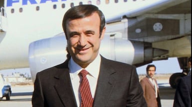 SYRIA - NOVEMBER 28: Rifaat al Assad back to Damascus after exile, Damascus, Syria On November 28, 1984 - Left to right: Hafaz el Assad, Abdel Halim Khaddam, and Rifaat al Assad. (Photo by Daniel SIMON/Gamma-Rapho via Getty Images)