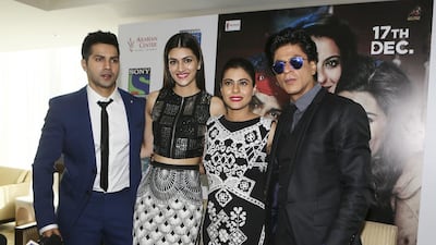 The Dilwale cast, from left, Varun Dhawan, Kriti Sanon, Kajol and Shah Rukh Khan. Sarah Dea / The National