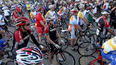 Cyclists line up before the start of the RAKBank ride.