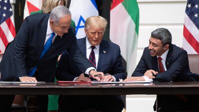 Israeli Prime Minister Benjamin Netanyahu (left), US President Donald Trump, and UAE Foreign Minister Sheikh Abdullah bin Zayed. AFP