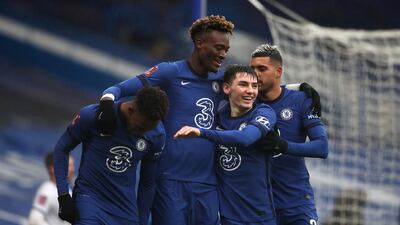 Chelsea's Tammy Abraham, centre, celebrates scoring his side's third goal during their FA Cup fourth round victory over Luton Town at Stamford Bridge. PA
