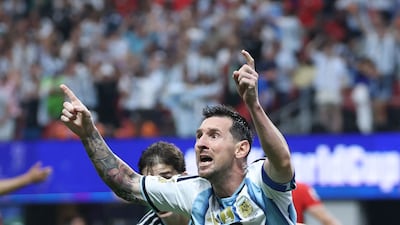 Lionel Messi celebrates scoring his team's second goal against Egypt in Atlanta. AFP
