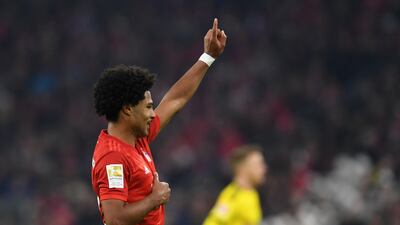 Bayern Munich midfielder Serge Gnabry celebrates scoring his team's second goal. AFP