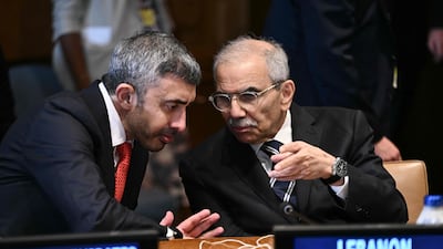 Emirati Foreign Minister Sheikh Abdullah bin Zayed speaks with Lebanese Prime Minister Nawaf Salam during a Gulf Cooperation Council (GCC) multilateral meeting on the sidelines of the UN General Assembly. AFP