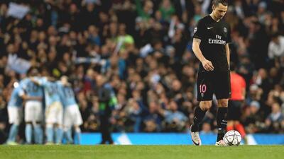 Zlatan Ibrahimovic of Paris Saint Germain rects after Manchester City scored during the Uefa Champions League quarter final, second leg match between Manchester City and Paris Saint-Germain in Manchester, Britain, 12 April 2016. EPA/NIGEL RODDIS