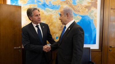 US Secretary of State Antony Blinken meeting with Israeli Prime Minister Benjamin Netanyahu in Jerusalem on Monday. AFP
