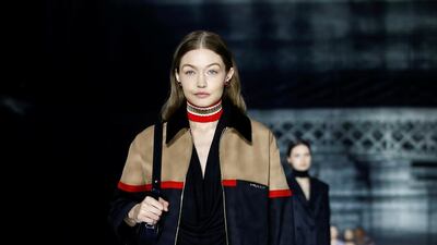 Gigi Hadid presents a creation during the Burberry show in London Fashion Week on February 17, 2020. Reuters