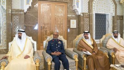 (L-R) Mohamed Al Mazrouei, Undersecretary of the Crown Prince Court of Abu Dhabi, Maj Gen Essa Al Mazrouei, Deputy Chief of Staff of the UAE Armed Forces, Saqer Al Raisi, UAE Ambassador to Italy and Homaid Al Shemmari, chief executive of Aerospace & Engineering Services of Mubadala, attend a meeting with Giuseppe Conte during a reception at the Presidential Palace. Mohammed Al Hammadi / Ministry of Presidential Affairs