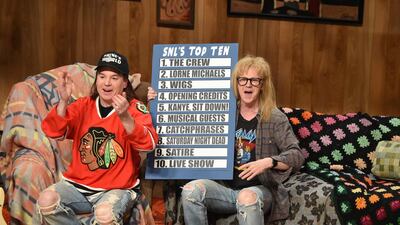Mike Myers as Wayne, left, and Dana Carvey as Garth during the Wayne's World skit for Saturday Night Live's 40th season celebrations. Theo Wargo / NBC / NBCU Photo Bank via Getty Images