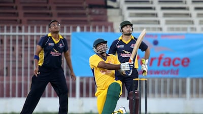 Asif Iqbal of Danube Lions playing a shot during the 41st Bukhatir League final in Sharjah on Monday against Al Faraa. Pawan Singh / The National