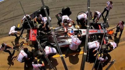 Teams such as Red Bull Racing and McLaren-Mercedes – pictured above during a pit stop in a practice session yesterday– have larger budgets than other teams .