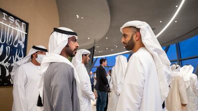 Sheikh Mohammed bin Saud Al Qasimi, Crown Prince of Ras Al Khaimah, and Sheikh Khalifa bin Tahnoun, Director of the Martyrs' Families' Affairs Office of the Abu Dhabi Crown Prince Court. Photo: Mohamed Al Hammadi / Ministry of Presidential Affairs