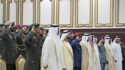 Sheikh Mohammed bin Rashid, Vice President and Ruler of Dubai and Sheikh Mohammed bin Zayed, Crown Prince of Abu Dhabi and Deputy Supreme Commander of the Armed Forces attend the 2015-2016 UAE National Defense College graduation ceremony. Seen with Lt Genl Hamad Thani Al Romaithi, Chief of Staff of the Armed Forces (L), Pilot Staff Maj Gen Rashad Al Saadi Commander of the UAE National Defense College (4th L), Sheikh Hamdan bin Mohammed, Crown Prince of Dubai, Sheikh Tahnoon bin Zayed, National Security Advisor and Sheikh Nahyan bin Mubarak, Minister of Culture and Knowledge Development. Rashed Al Mansoori / Crown Prince Court — Abu Dhabi