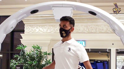 Kolkata Knight Riders fast bowler Prasidh Krishna in Abu Dhabi. Courtesy Kolkata Knight Riders twitter / @KKRiders